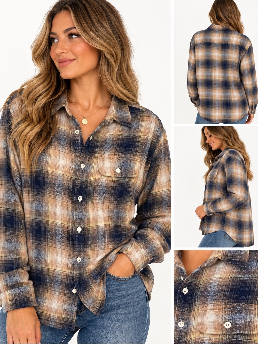 American Eagle Super Soft Plaid Flannel Button Down Shirt Women’s M Brown Blue